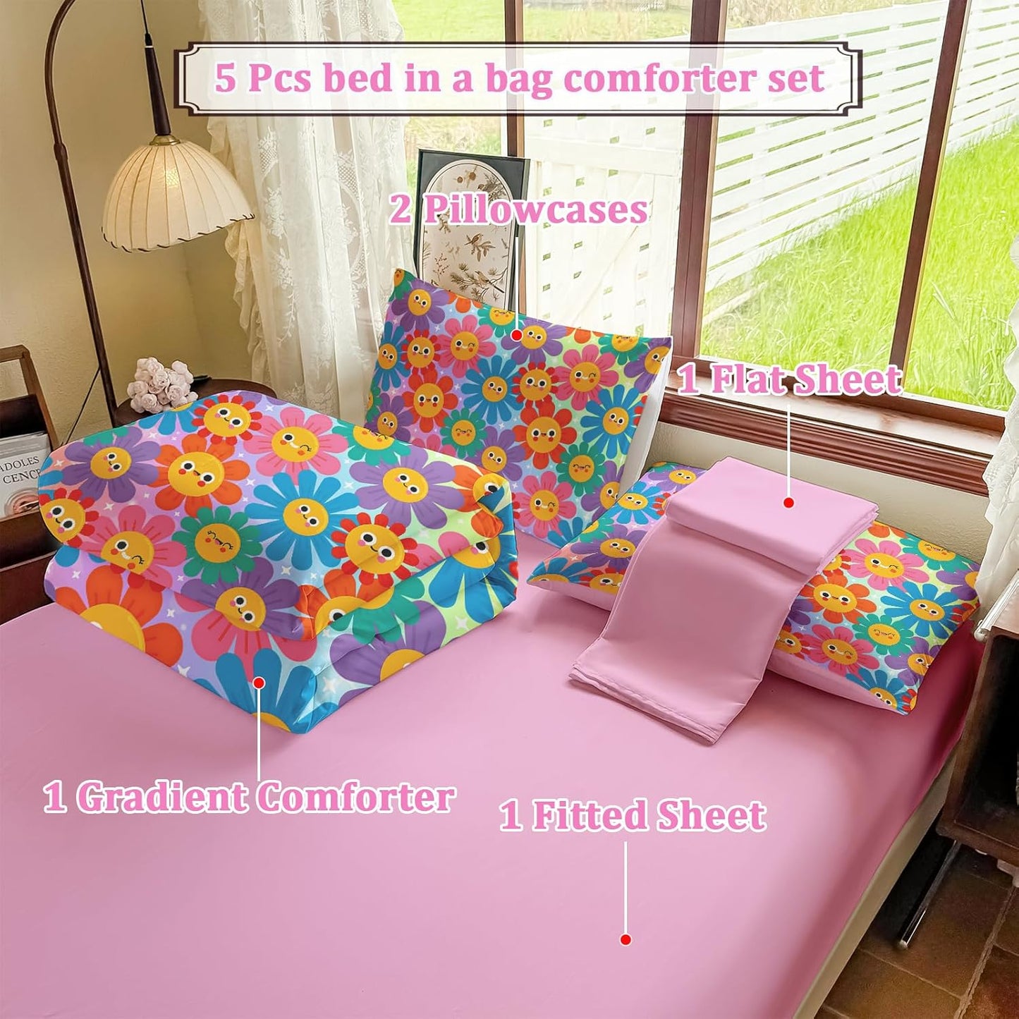 Full Size Bedding Sets Kids Bedding Sets for Girls, Galaxy Bedding 5 Pieces Bed in A Bag Full Size, Glitter Colorful Comforter for Girls
