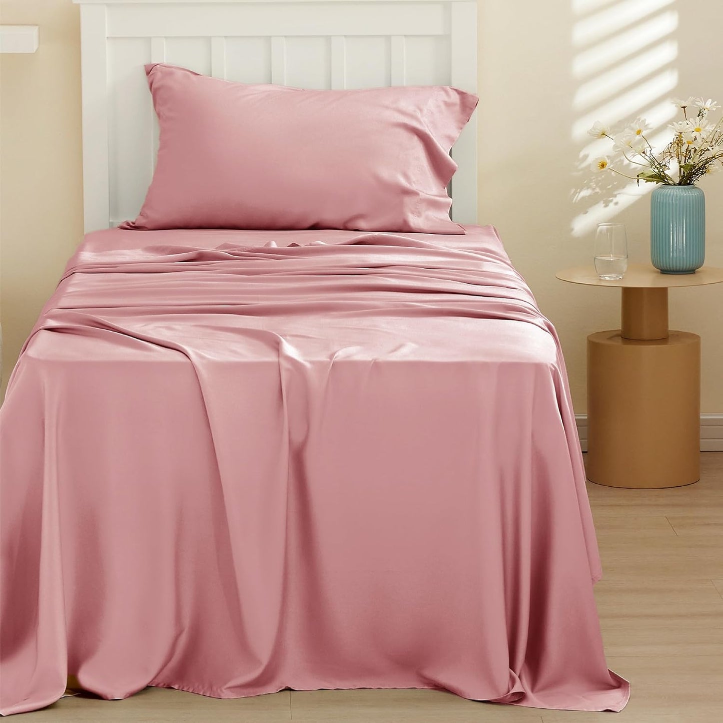Bedsure Cooling Sheets Twin, Rayon Derived from Bamboo, Breathable & Soft Twin Sheets Set, Deep Pocket Up to 16 Inches, Hotel Luxury Silky Bedding for Hot Sleepers, Blush Pink
