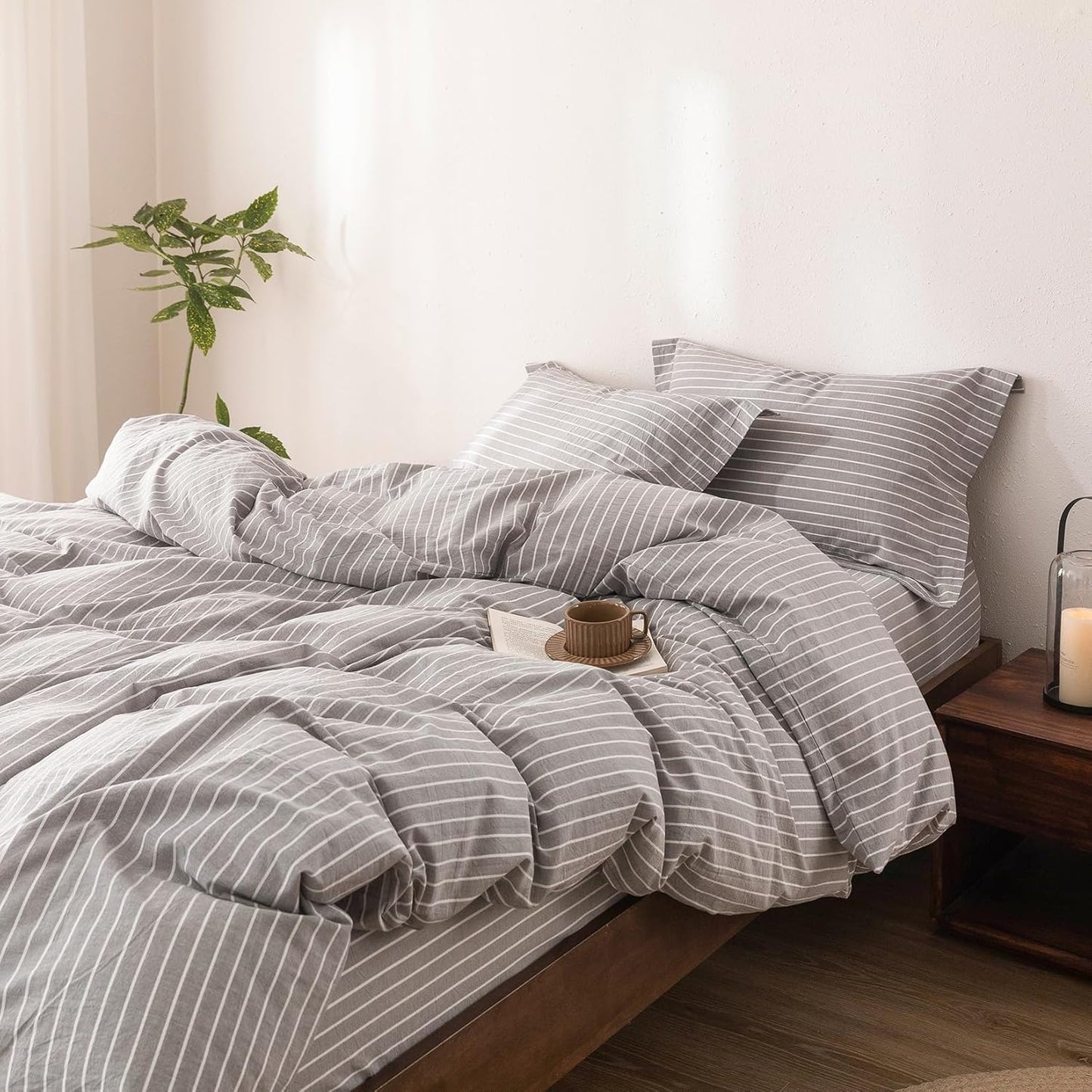 Stripe Duvet Cover California King Size 104inch x 98inch, 100% Washed Cotton Linen Feel Duvet Cover with Zipper Closure and 2 Pillowcases, Color of Grey-White Stripe