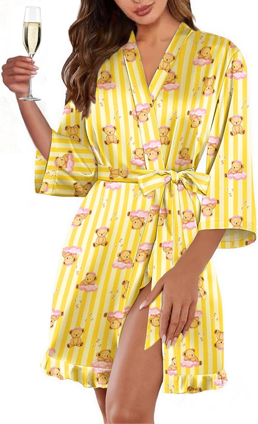 Ekouaer Women's Satin Robes Silk Kimono Bath Robe Short Ruffled Hem Bride Bridesmaid Sleepwear with Pockets