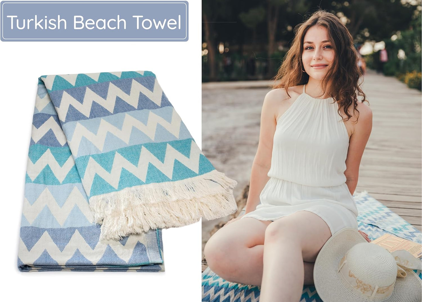 Premium Turkish Beach Towel – 100% Cotton, Quick Dry, Sand Free, Oversized Beach Towel 35”x 67” – Ideal for Travel, Pool, and Beach, – Zig Zag Blue