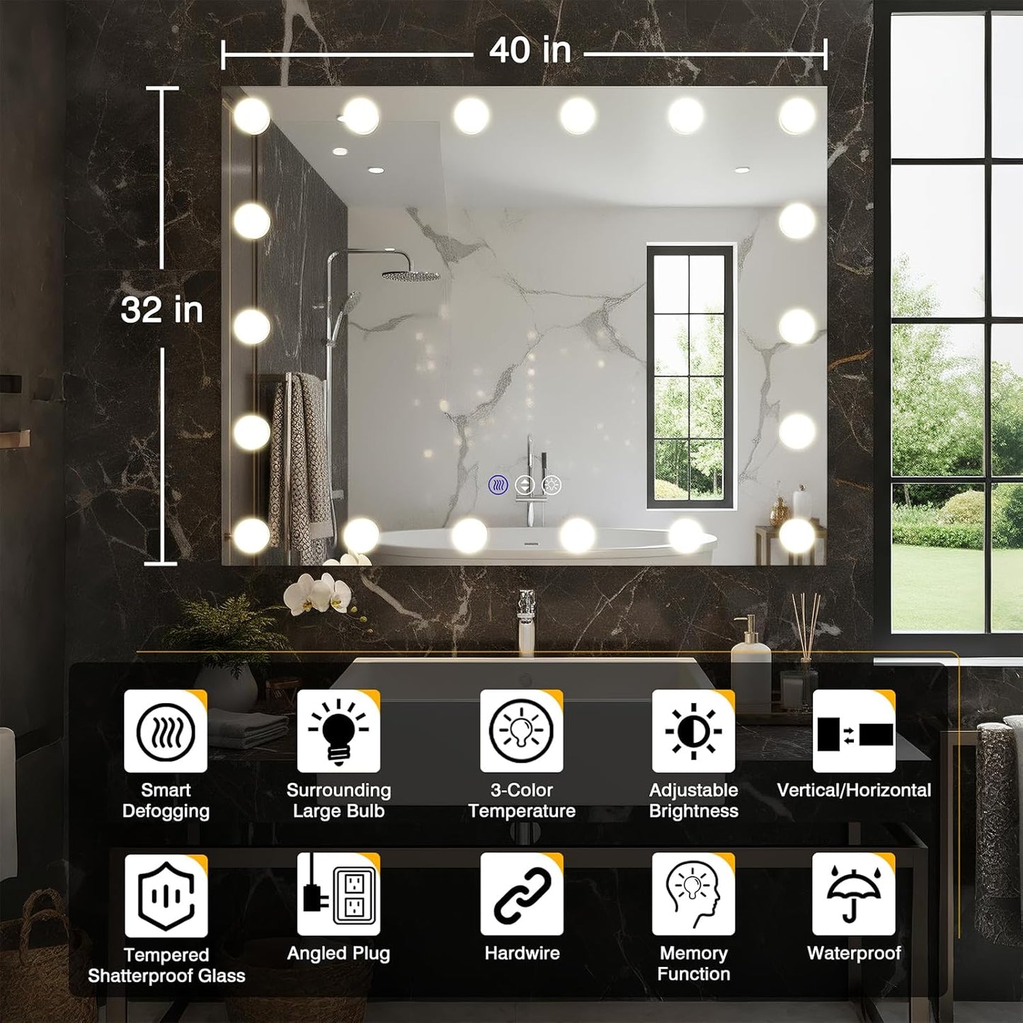 40x32 Hollywood Bathroom Mirror with LED Bulbs, 3 Colors Modes, Dimmable CRI90+ Lights Mirror, Fog Free Mirror, Shatter-Proof, Corrosion Resistant, Memory Function, Touch Control, Wall Mounted