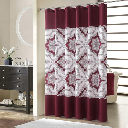 Extra Long Burgundy Shower Curtain 84 Inches, Water Repellent Fabric with Medallion Pattern, 12 Metal Grommets & Weighted Hem