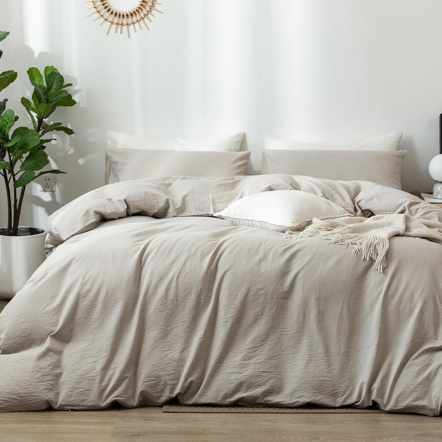 MooMee Bedding Duvet Cover Set 100% Washed Cotton Linen Like Textured Breathable Durable Soft Comfy (Heathered Cream Grey, King 104"x90")