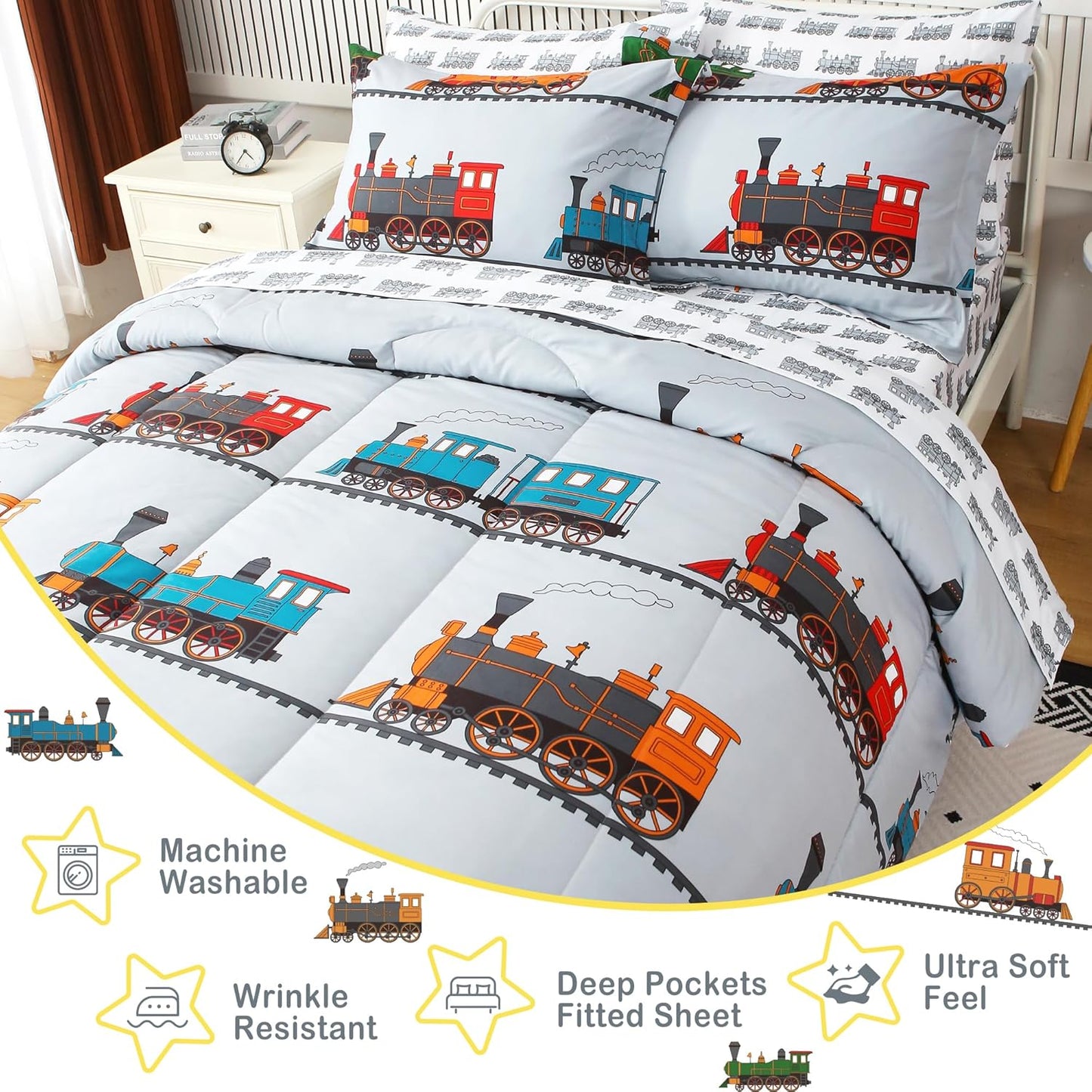 Viviland Kids Full Bedding Sets for Boys, Soft Full Comforter Set with Sheets, 7 Pieces Microfiber Bed in a Bag, Light Grey Train