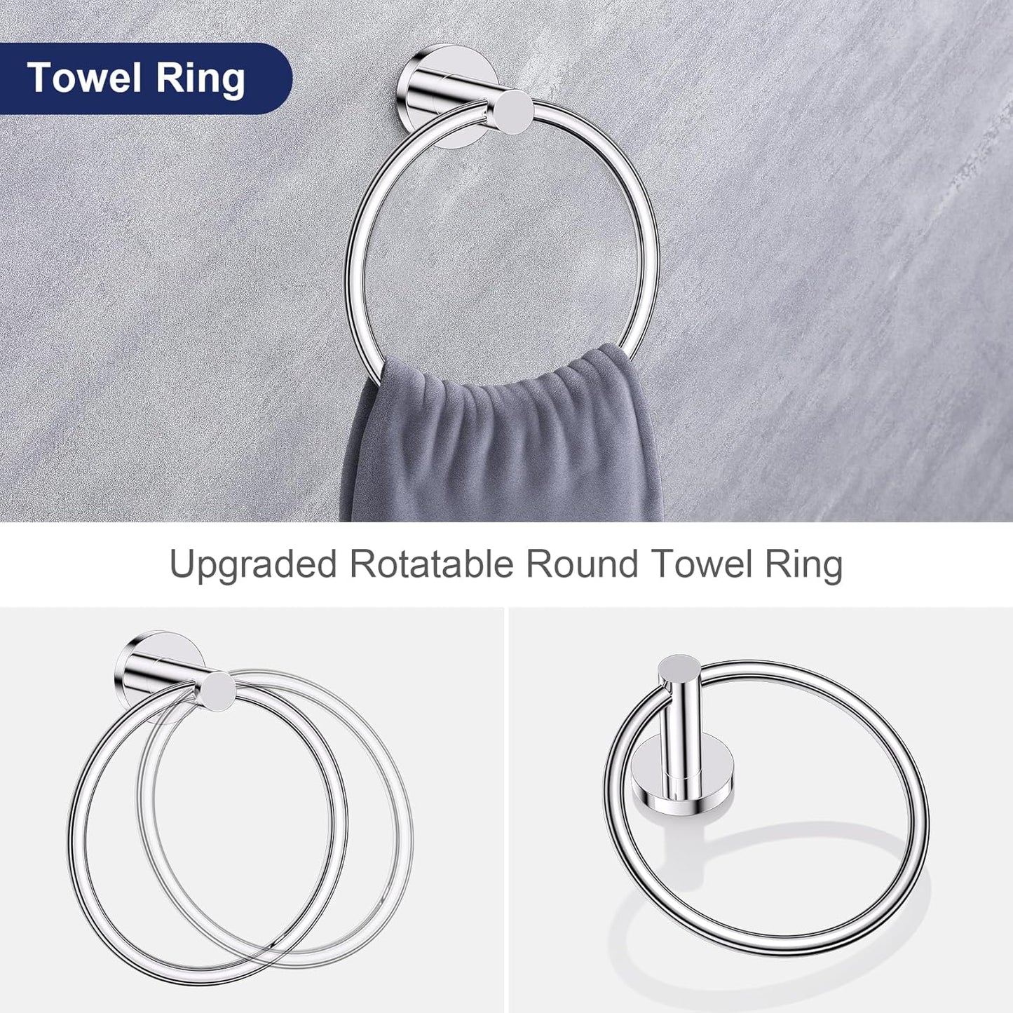 Lairuier 5 Pieces Polished Chrome Bathroom Accessories Set, SUS304 Stainless Steel 24 Inch Bath Towel Bar Set, Round Toilet Paper Holder Set Wall Mounted