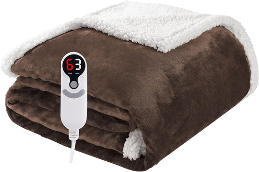 Electric Heated Blanket Throw Size 50"x60", Soft Flannel with Overheat Protection, 6 Adjustable Heat Settings & 3-Hour Auto-Off Timer, Fast Heating for Winter Comfort, Dark Brown