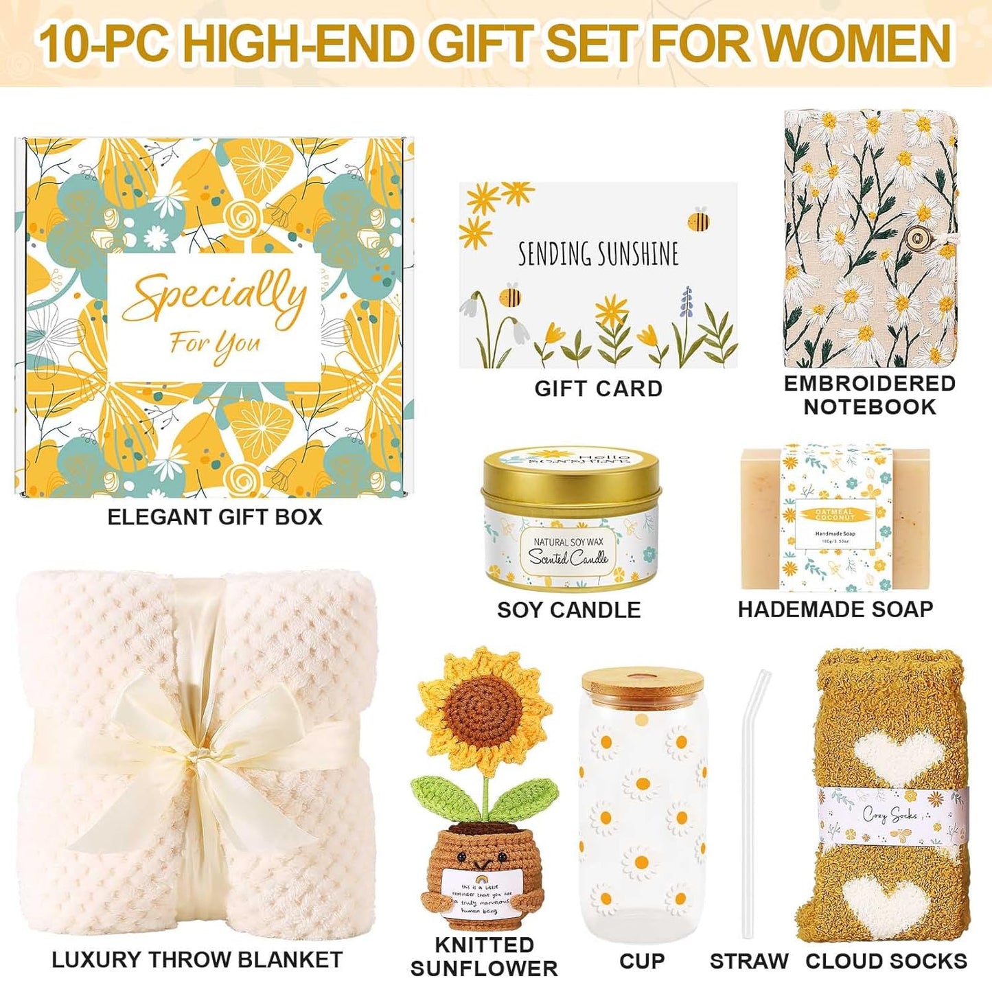 Self Care Gifts for Women Gift Baskets，Sending Sunshine Thinking of You Care Package Spa Gift Sets, Birthday Christmas Gifts for Women Best Friends Mom Sister Wife Grandma Her