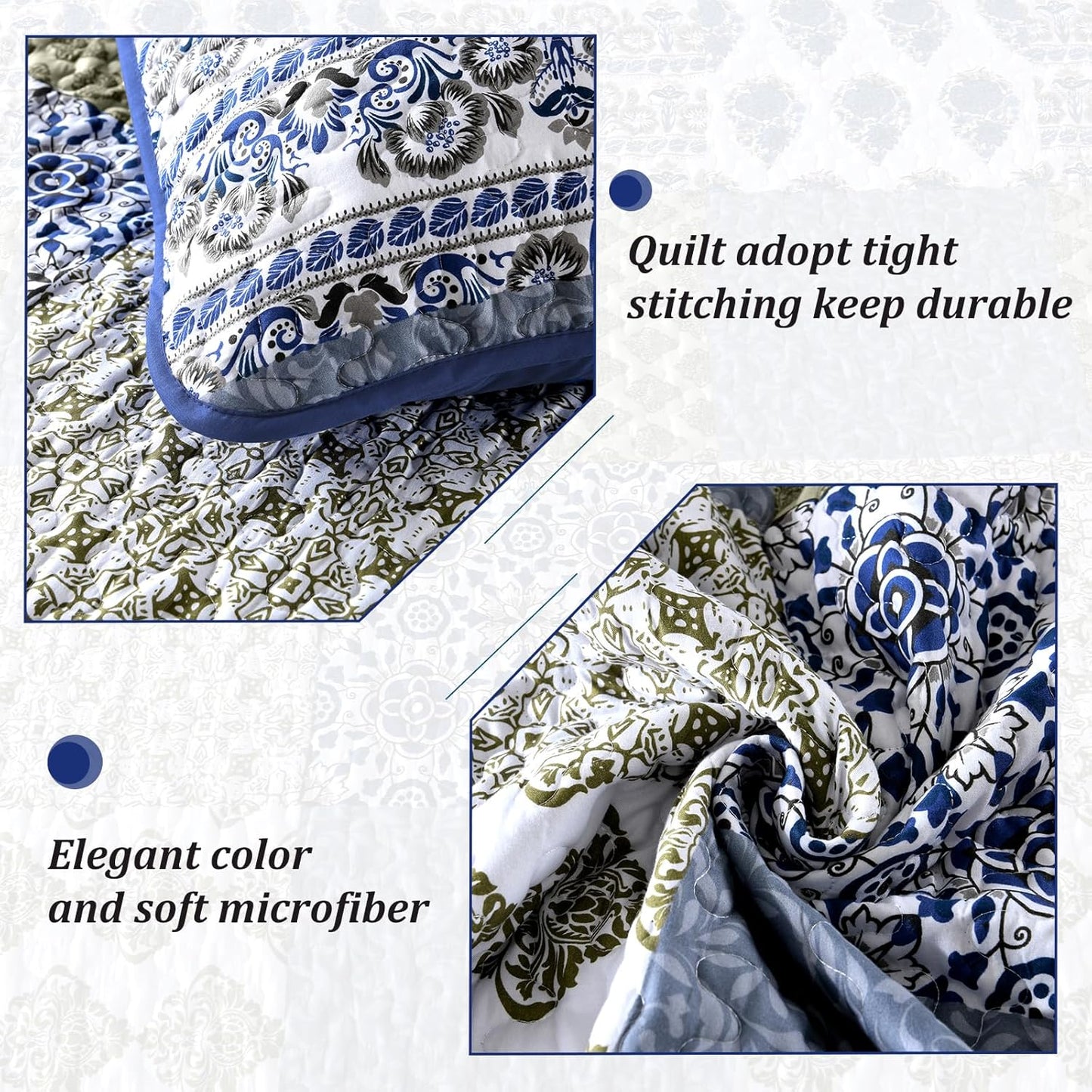 Mybedsoul Blue Quilt Set King Size 3 Pieces Boho Plaid Aqua Blue Floral Bedspread Set Microfiber Lightweight Bohemian Bedding Set for All Season (1 Quilt + 2 Pillow Shams) 90"x104"