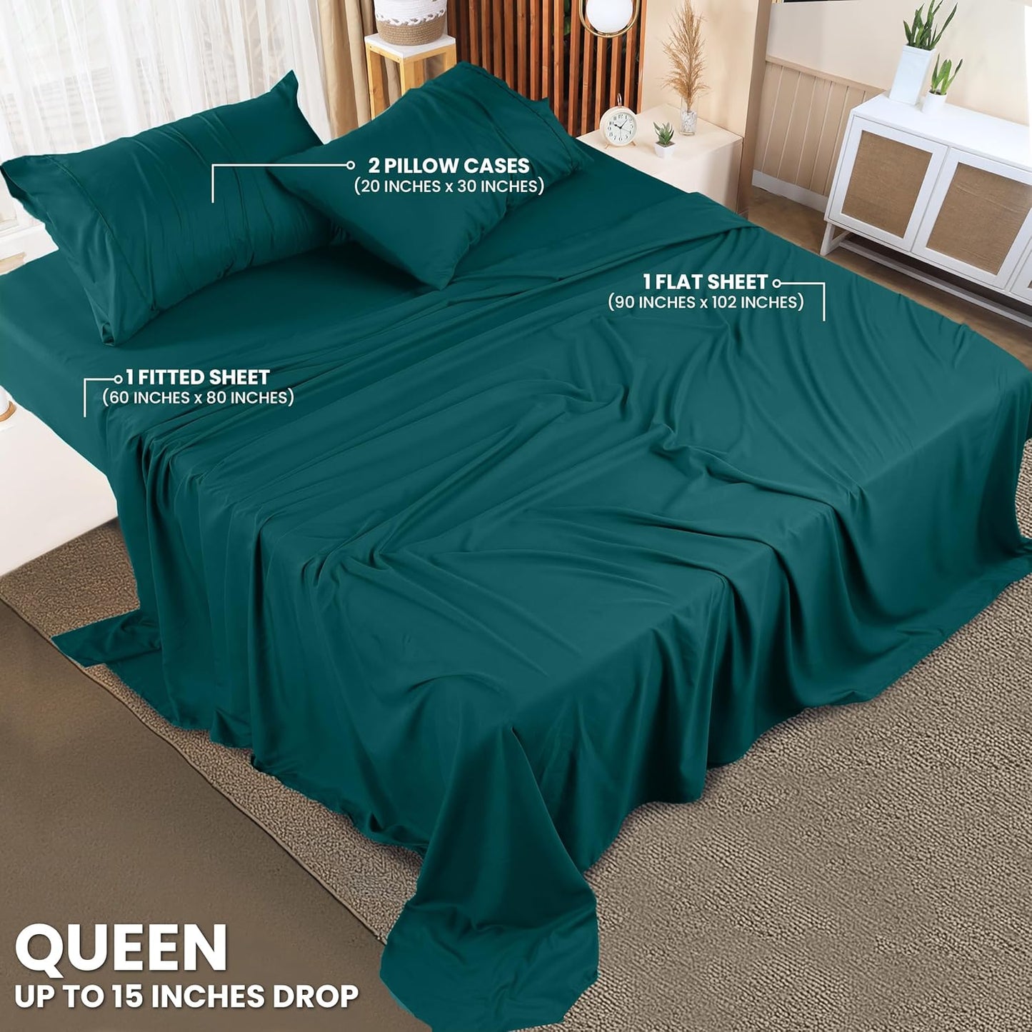 Utopia Bedding Queen Bed Sheets Set - 4 Piece Bedding - Brushed Microfiber - Shrinkage and Fade Resistant - Easy Care (Queen, Teal)