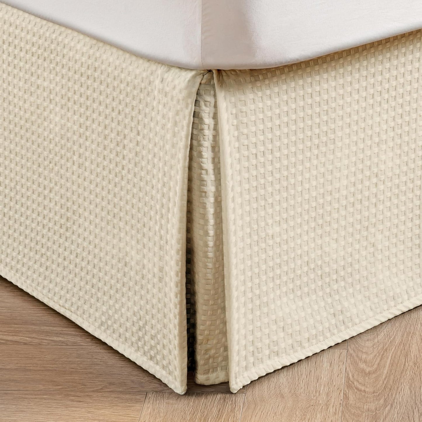 MIYE Pleated Waffle Weave Bed Skirt, Tailored Dust Ruffle 16 Inch Drop Easy Fit, Machine Washable,No Split Corners(Light Beige, Full - 16" Drop)