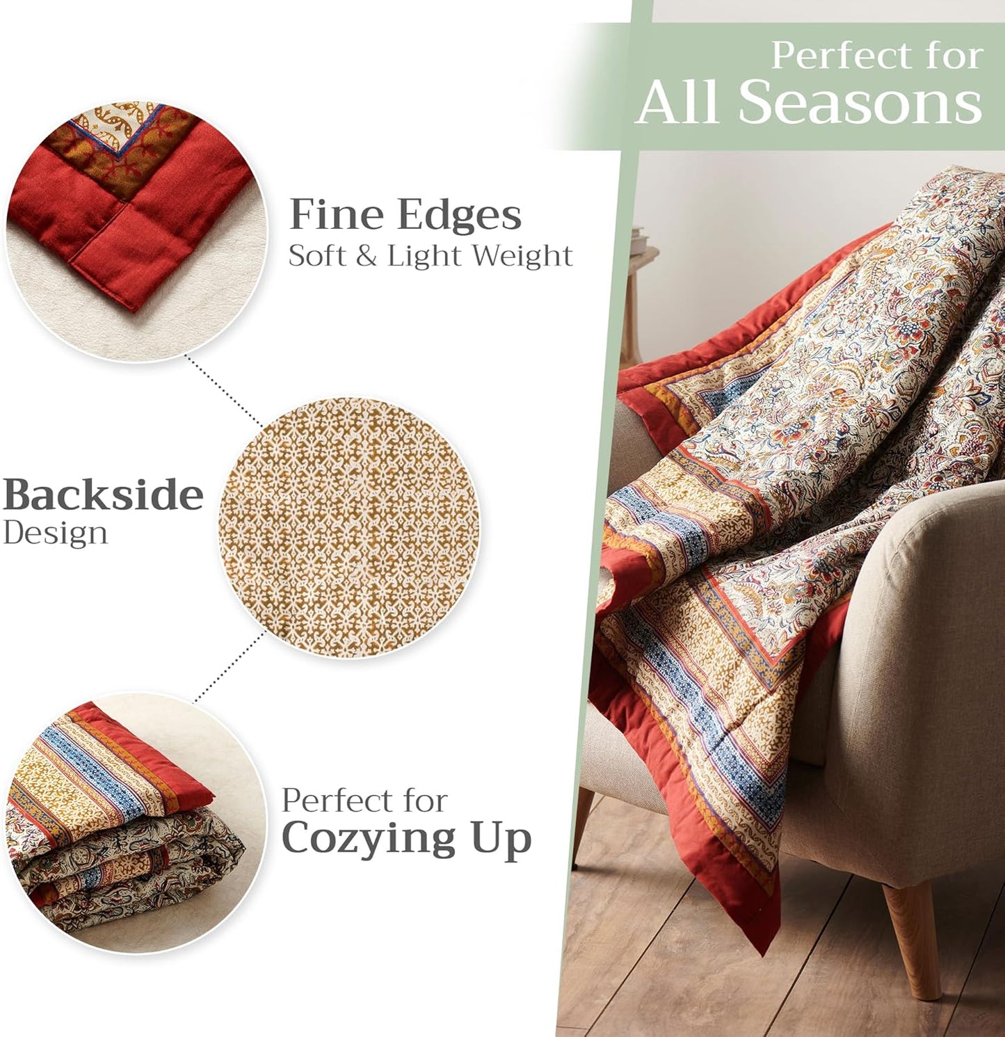 Maison d' Hermine Throw Blanket for Couch Lightweight Soft Warm Breathable Cotton Throw Blankets for Bed Girls Boys Women Men Gifts Sofa Travel Living Room Chair Bedding (60"x80", Jaipur)