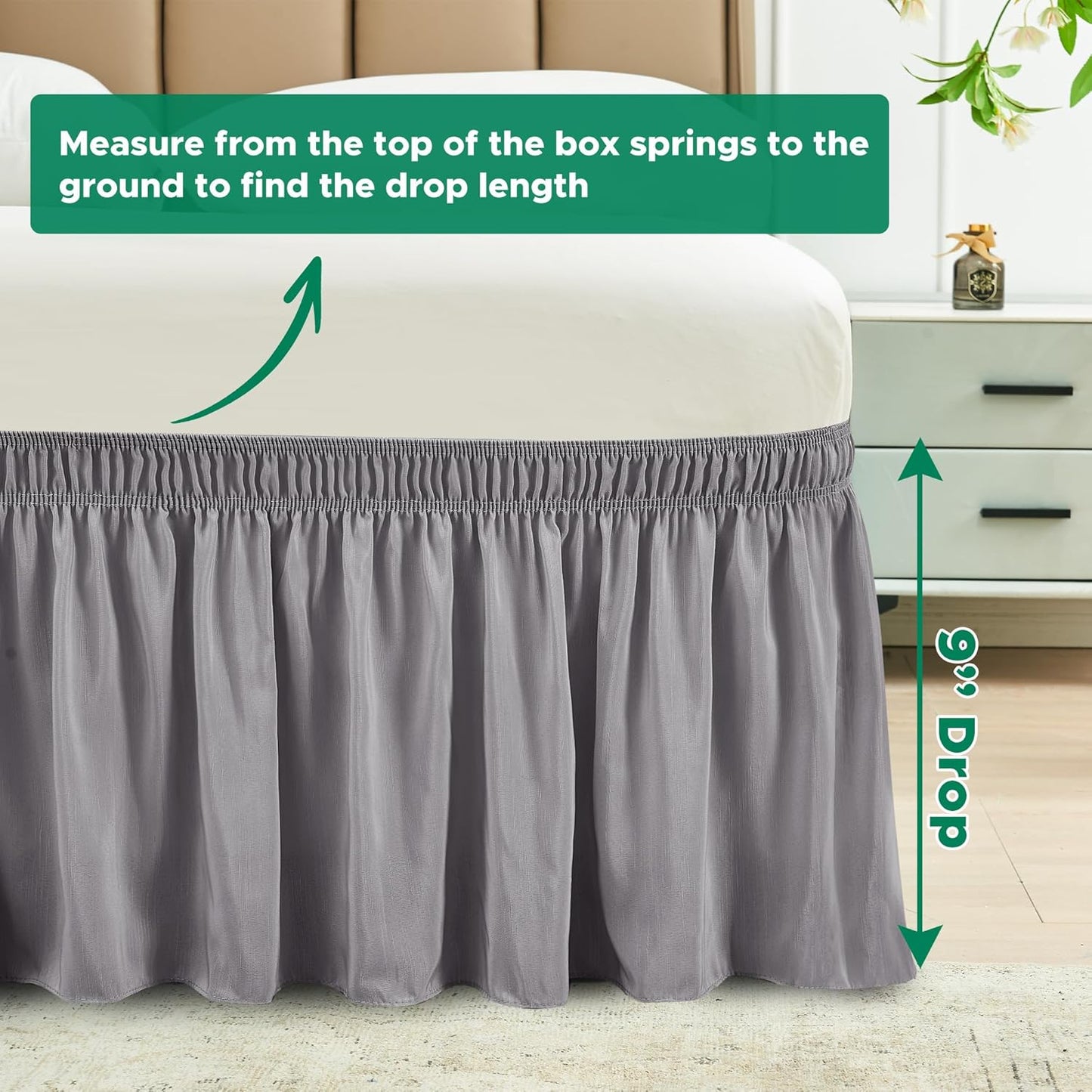 Biscaynebay Wrap Around Bed Skirts for Queen Size Beds Extra Short Drop of 9", Silver Grey Elastic Dust Ruffles Easy Fit Wrinkle & Fade Resistant Silky Luxurious Fabric Solid Machine Washable