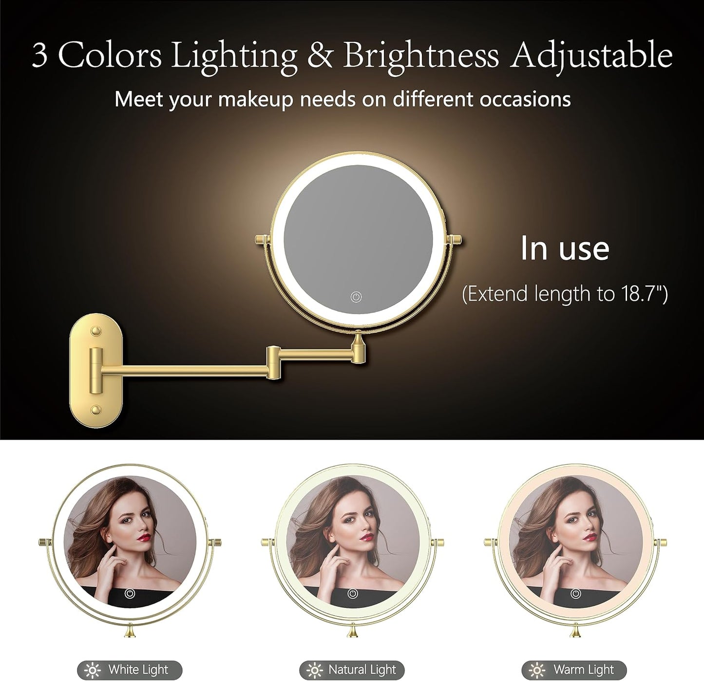Rechargeable Wall Mounted Lighted Makeup Vanity Mirror 9 Inch Double Sided 1X 10X Magnifying Bathroom Mirror, 3 Color Lighting, Touch Screen Dimming, 360 Rotation Shaving Mirror Gold