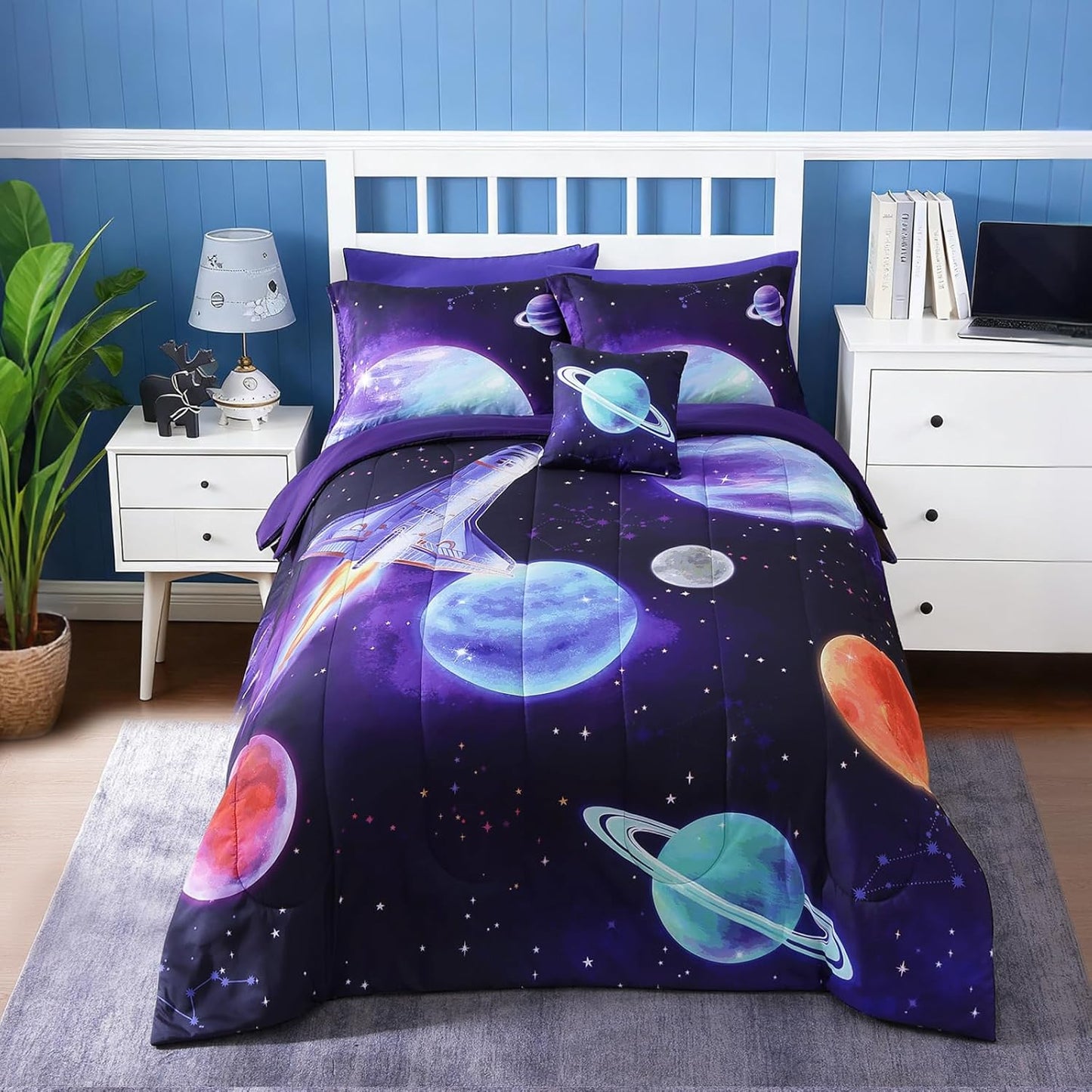 Kids Comforter Set Full Size for Boys, Rocket Bedding Sets, 4 Pieces Bed in A Bag with 1 Comforter, 1 Decor Pillow, 2 Pillow Shams