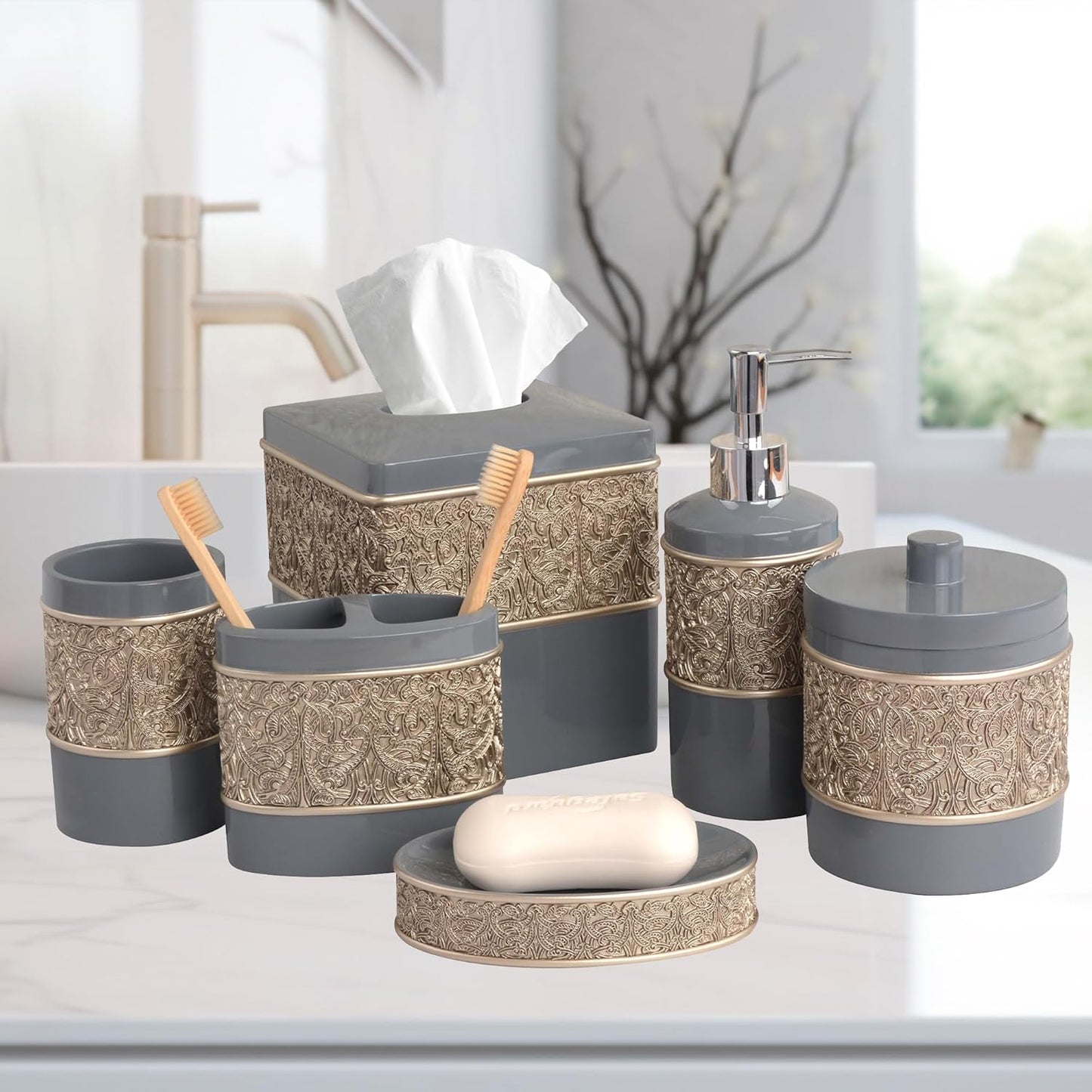 Decozen Bathroom Accessories Set 6Pcs – Soap Dispenser, Toothbrush Holder, Tumbler, Soap Dish & Cotton Swab Jar – Modern Bathroom Decor, Bath Set for Christmas Decor