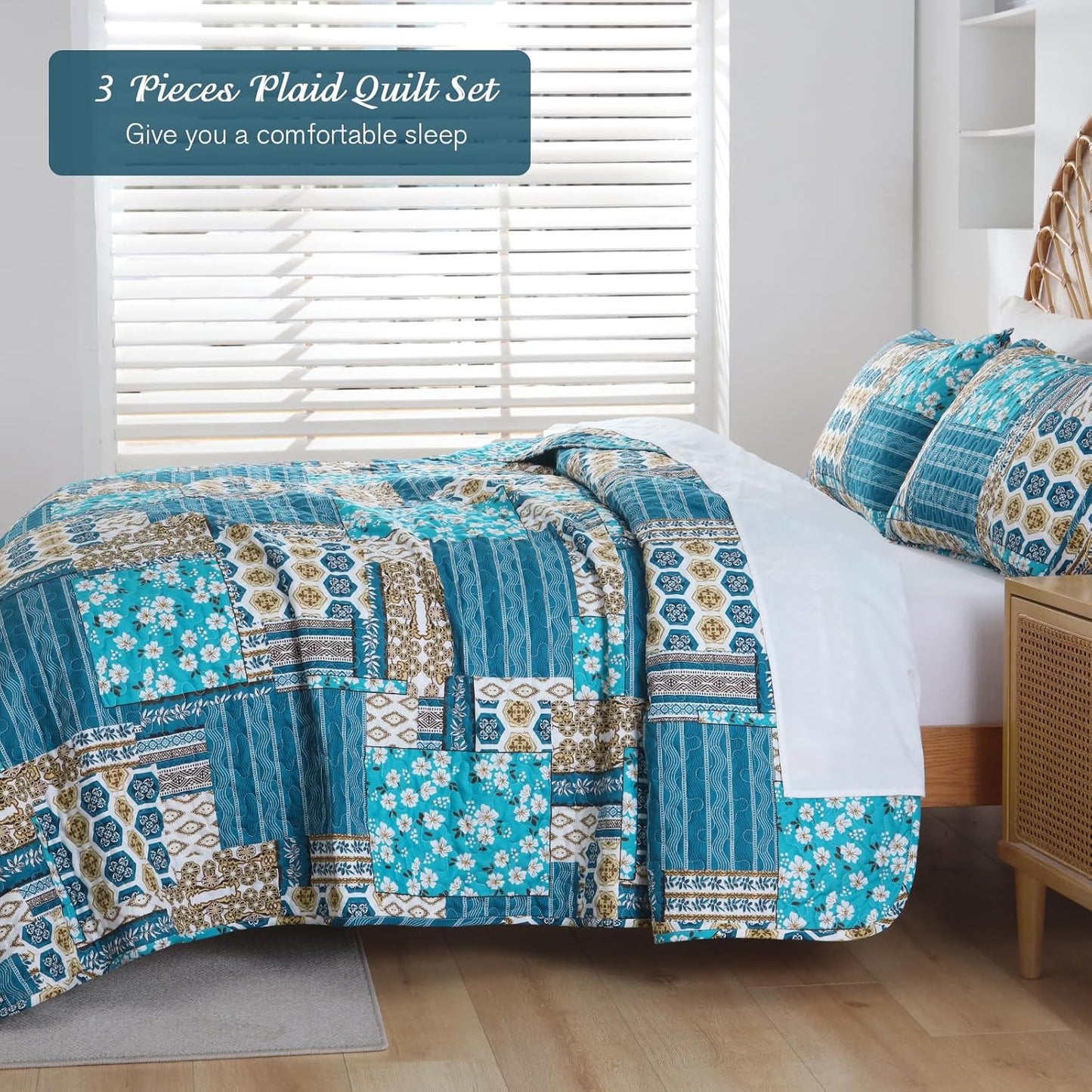 Mybedsoul Dusty Blue Quilt Set Queen Size, 3 Pieces Plaid Floral Bedspread Set Patchwork Reversible Bedding Set Microfiber Lightweight Bedspread Coverlet Set for All Season 96"x90"