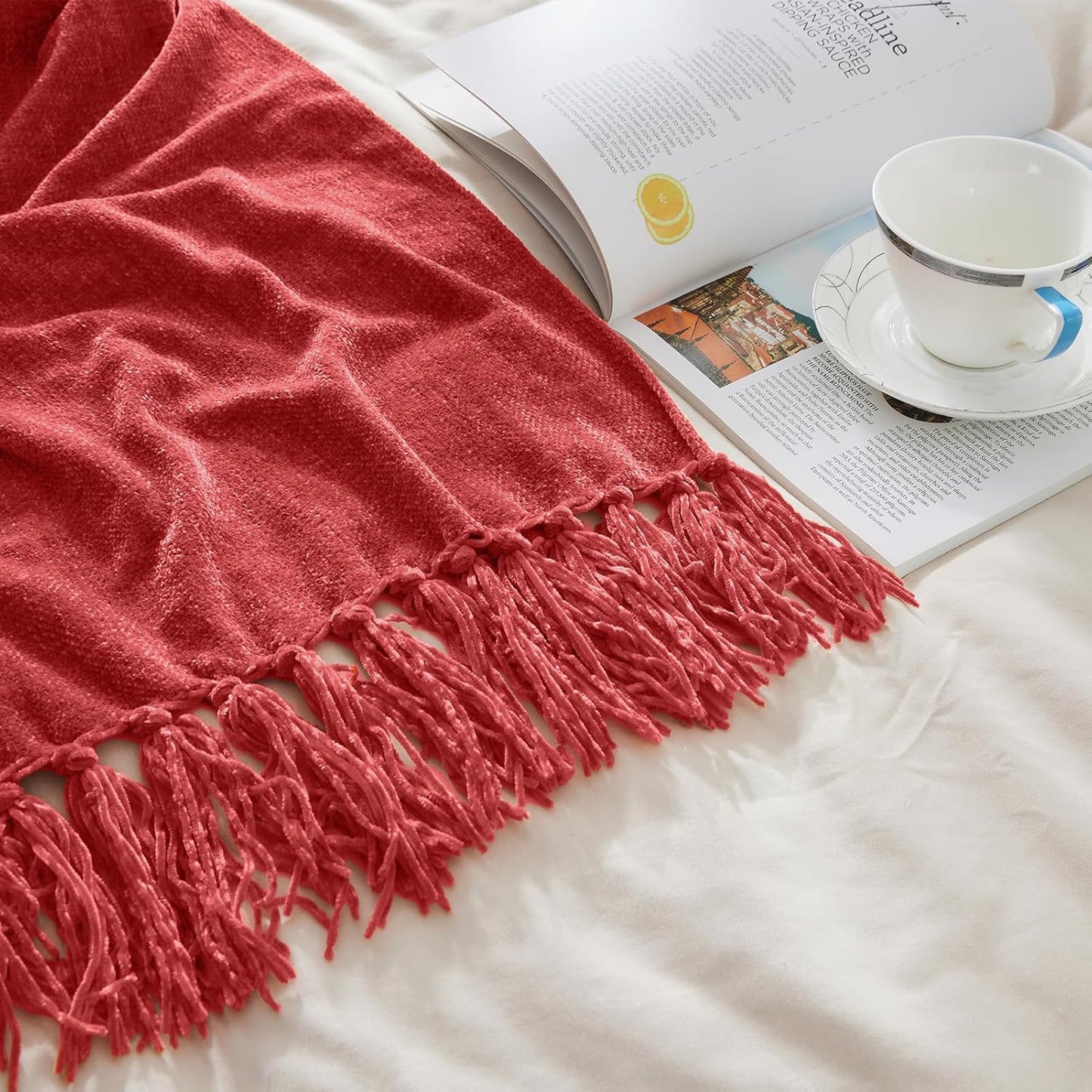 CozeCube Chenille Throw Blanket for Couch, Cozy Plush Fuzzy Decorative Christmas Red Blanket with Fringe Tassels, Lightweight Throws for Bed Sofa Gift Home Decor, 50"X60"