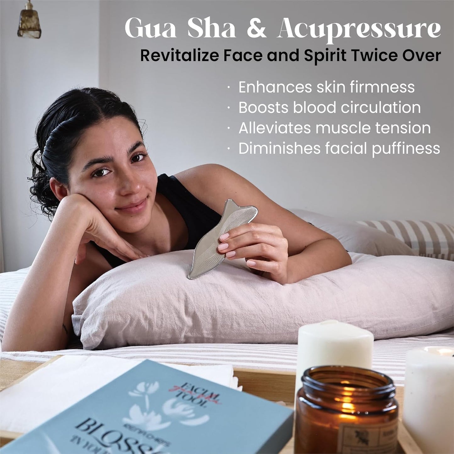 Rena Chris Stainless Steel Gua Sha Facial Tools - Acupressure & Gua Sha for Face Massage, Jawline Sculpting, Puffiness Reduction, Skin Care Tool (Silver)