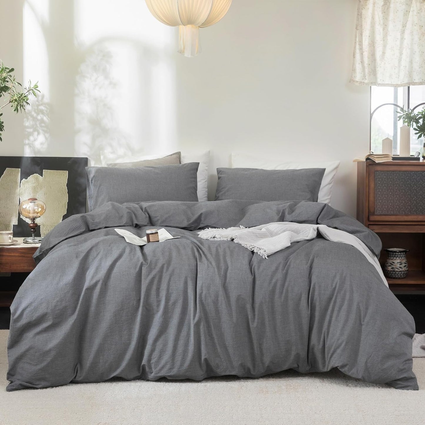 FOSSA Duvet Cover Set 100% Washed Cotton Linen Feel Super Soft Breathable Cozy 3 Pieces Bedding Sets Solid Dark Grey Oversized King Plus