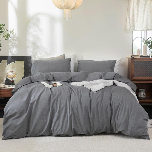 FOSSA Duvet Cover Set 100% Washed Cotton Linen Feel Super Soft Breathable Cozy 3 Pieces Bedding Sets Solid Dark Grey Oversized King Plus
