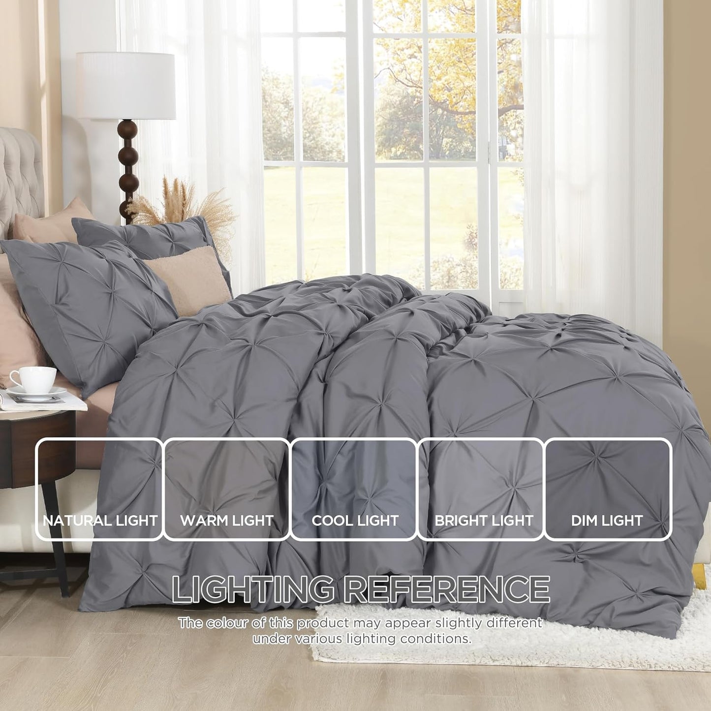 Litanika Dark Grey California King Pinch Pleat Duvet Cover, 3 Pieces Pintuck Cover Soft Microfiber Bedding Set with Zipper Closure & Corner Ties(1 Duvet Cover, 2 Pillowcases)