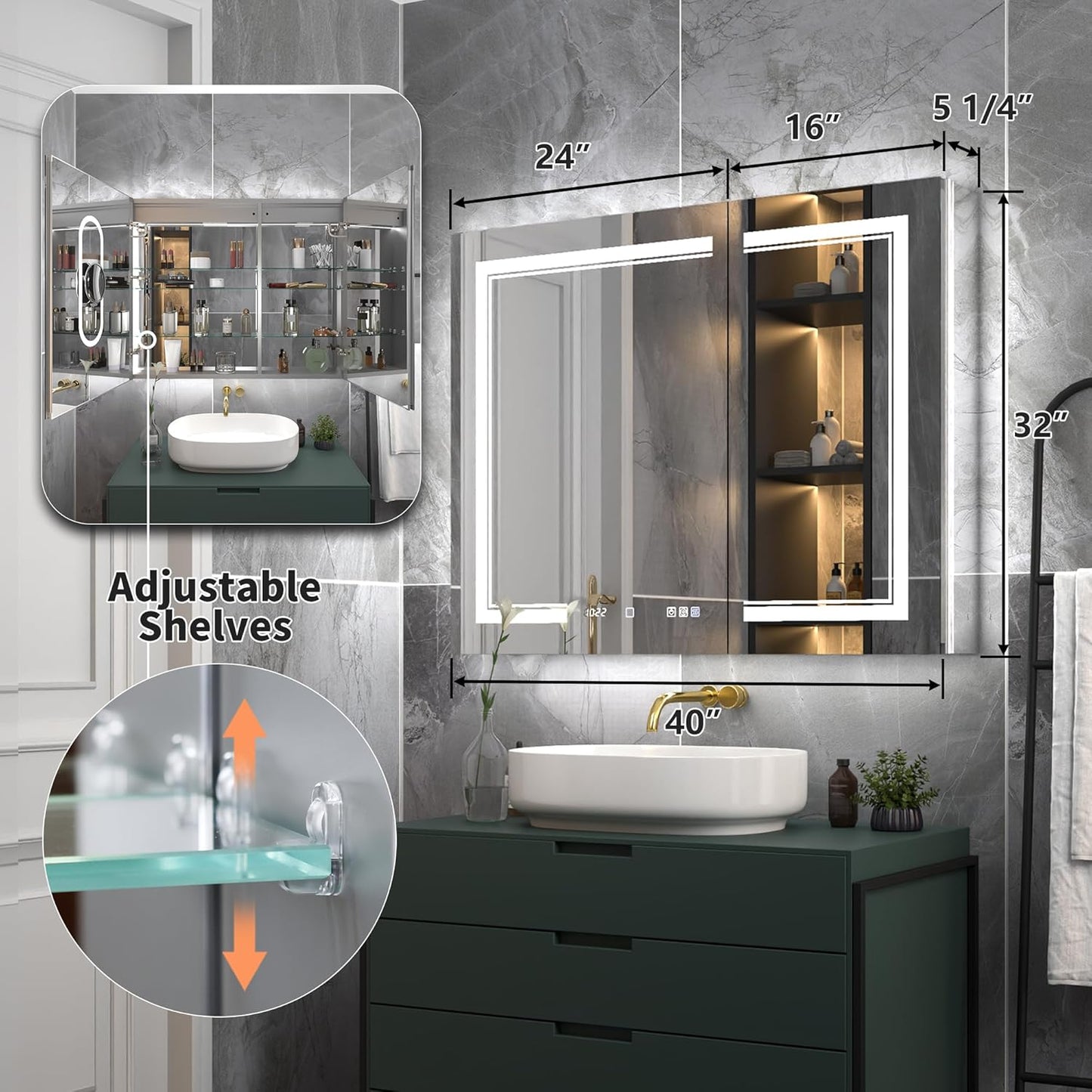 40"x32"Lighted Medicine Cabinet with Mirror，Recessed or Surface Mount LED Medicine Cabinet, Front&Backlit, Clock Temp Display, Anti-Fog, Stepless Dimming, 3-Color Temperatures, Adjustable Shelves