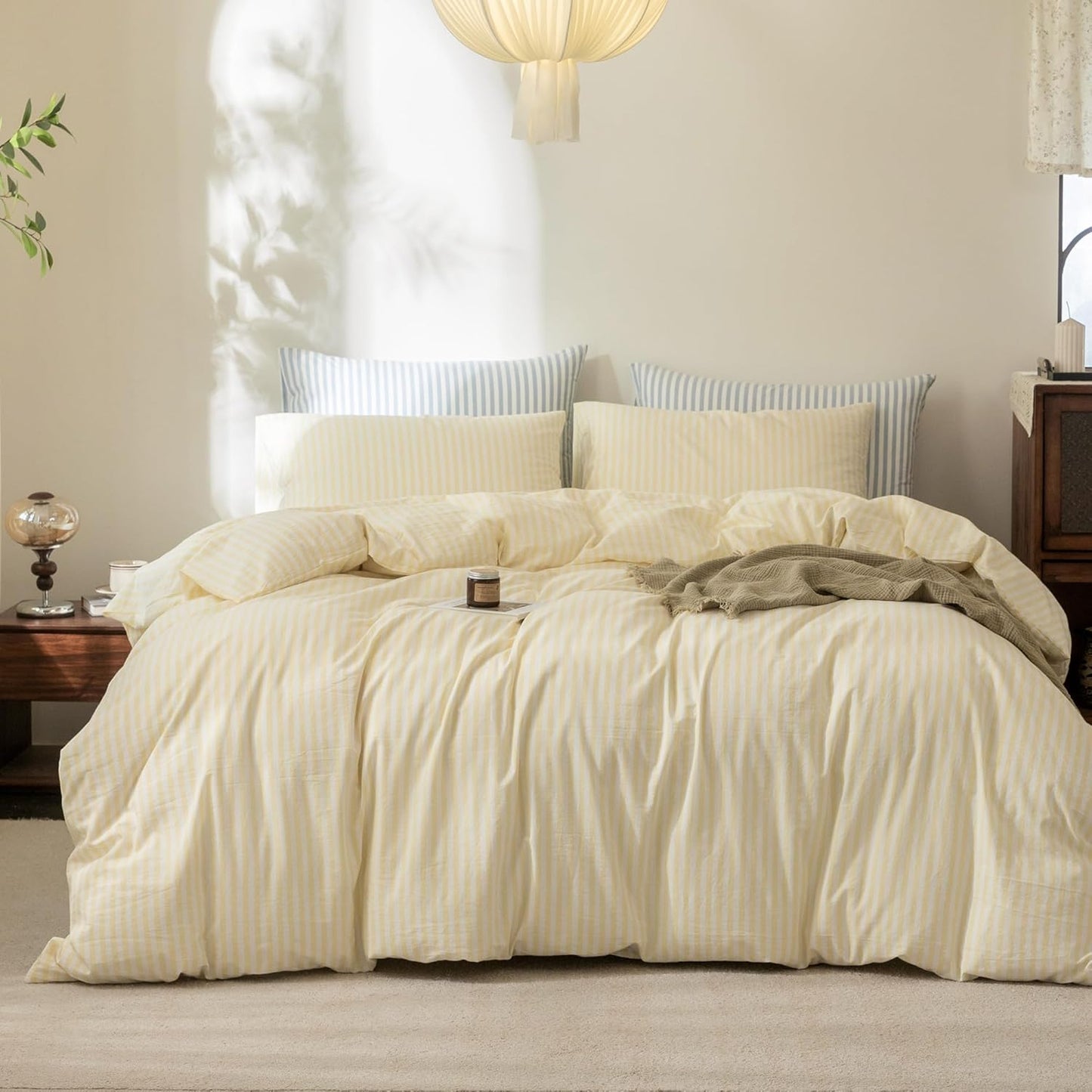 FOSSA Striped Duvet Cover Set 100% Washed Cotton Linen Feel Super Soft Breathable Cozy 3 Pieces Bedding Sets Pastel Yellow Classic Stripes King