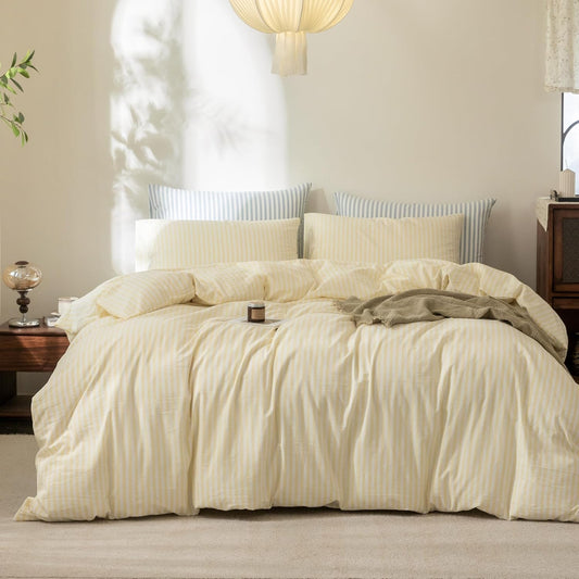 FOSSA Striped Duvet Cover Set 100% Washed Cotton Linen Feel Super Soft Breathable Cozy 3 Pieces Bedding Sets Pastel Yellow Classic Stripes King