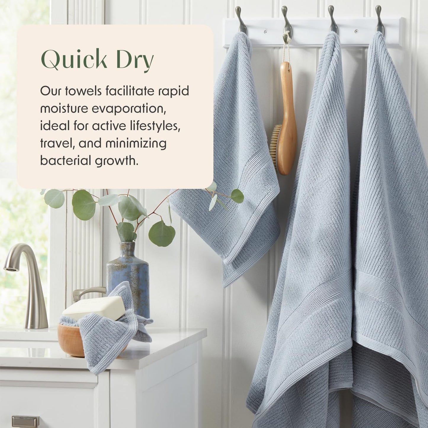 Springtree Home Blue Bath Towels Set of 4 | Ribbed Textured | 100% Combed Cotton | Absorbent Quick-Dry Towels for Bathroom | Oeko-TEX® Standard 100 Cotton | Mauro Collection - Blue Fog