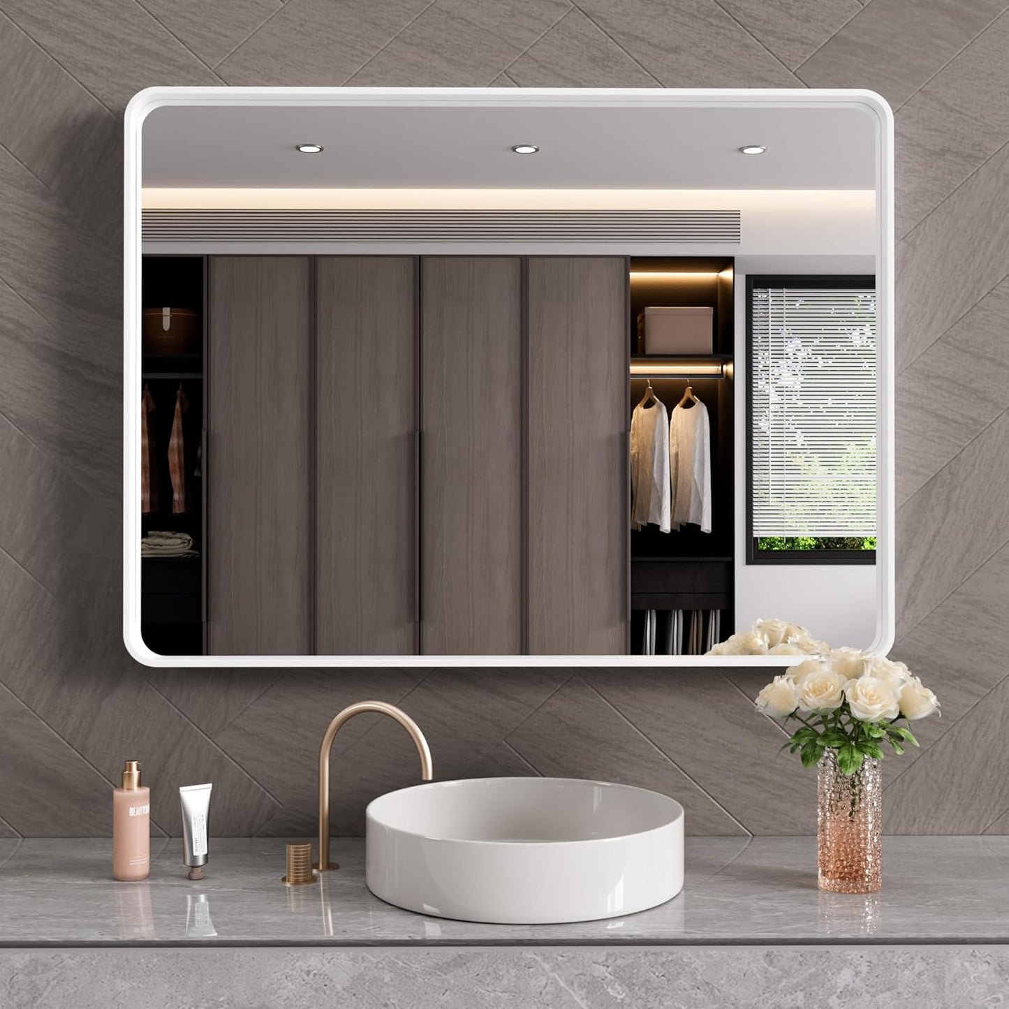 White Bathroom Mirror 40x30 Inch, White Metal Framed Bathroom Mirror for Wall, Rounded Rectangle Matte Bathroom Vanity Mirror, Tempered Glass, Anti-Rust, Horizontal/Vertical