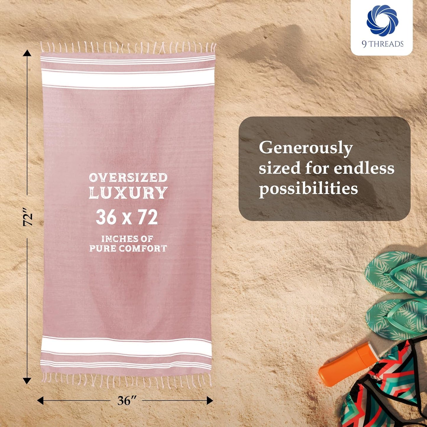 Cotton Turkish Beach Towel Towels Oversized 36"x72" Pool Absorbent Extra Large Quick Dry Sand Travel Towel (Pink, 4 Pack)