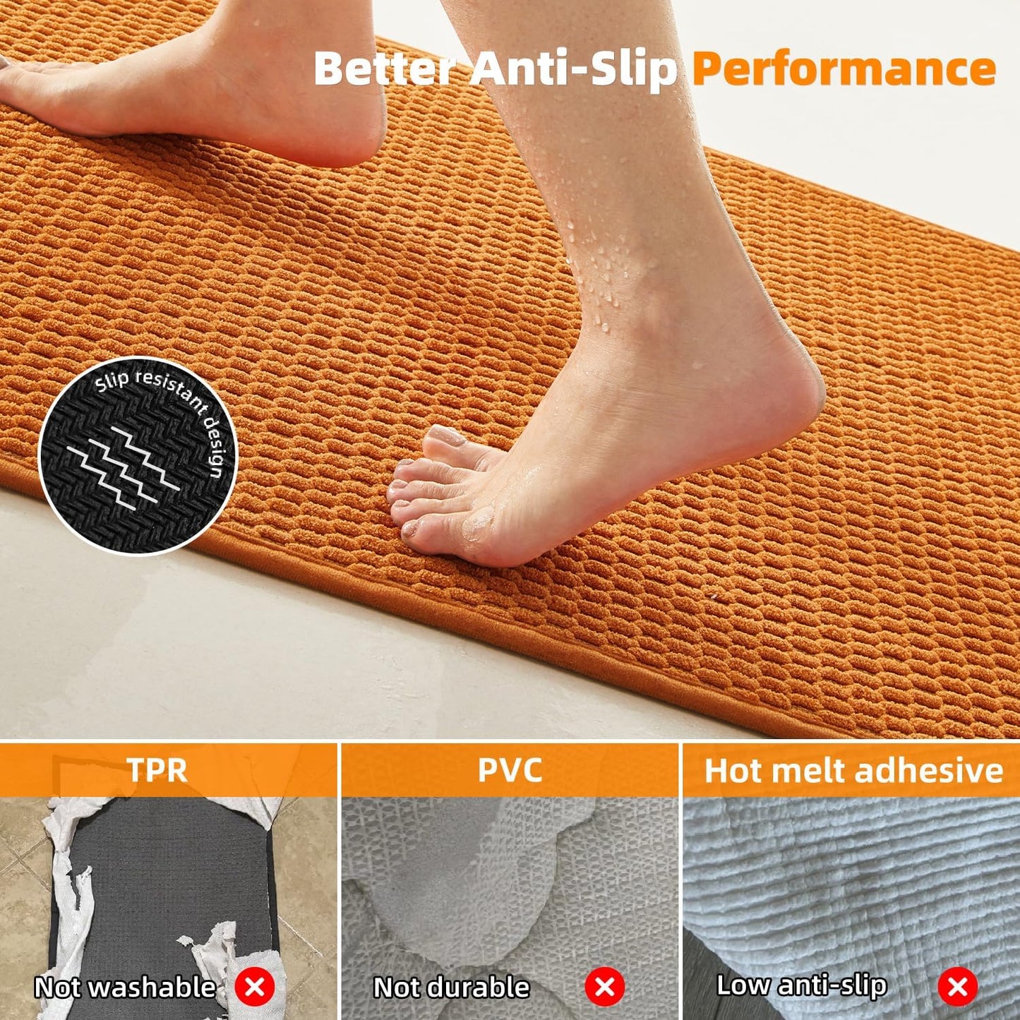 Bathroom Rugs Non Slip Washable, Super Absorbent Thin Bath Mat Quick Dry Low Pile Bathroom Rug, Orange 24"x36"