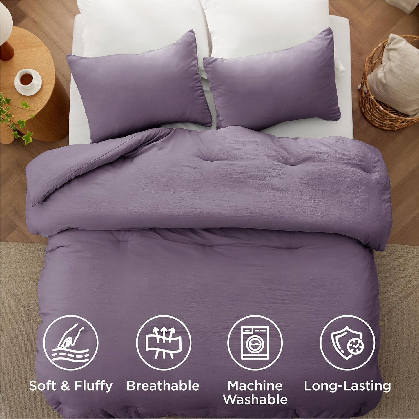 Bedsure Full Size Comforter Set, Grayish Purple Soft Prewashed Bedding for All Seasons, 3 Pieces GentleSoft™ Down Alternative Bed Set, 1 Lightweight Comforter (82"x86") and 2 Pillowcases (20"x26")