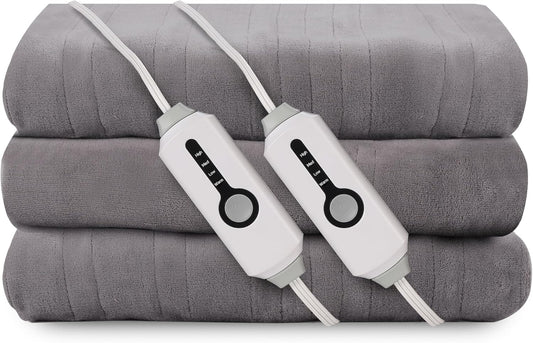Electric Heated Blanket 90"x100" King Size, Soft Coral Fleece, Dual Controllers with 4 Heating Levels and 10 Hours Auto-Off, Machine Washable, Cozy Plush Fabric for Home, Light Gray