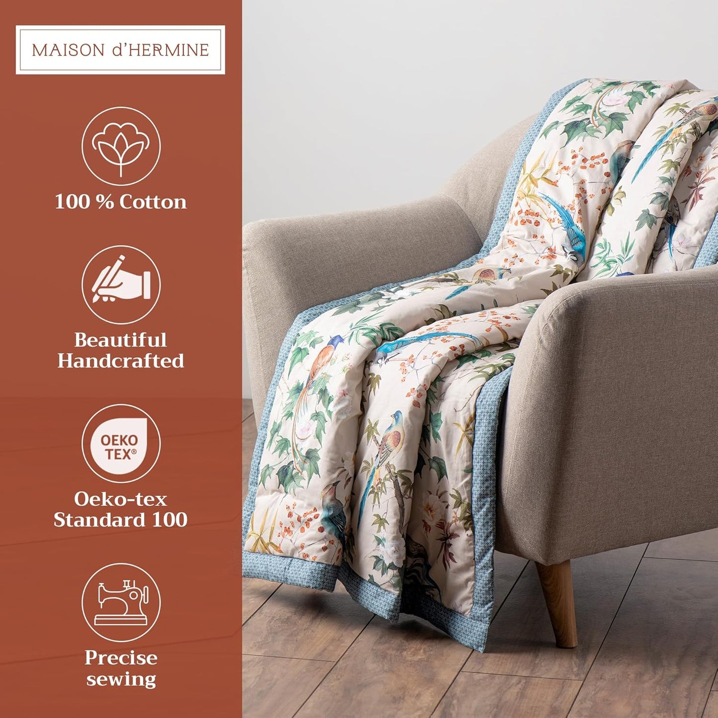 Maison d' Hermine Throw Blanket for Couch Lightweight Soft Warm Breathable Cotton Throw Blankets for Bed Girls Boys Women Men Gifts Sofa Travel Living Room Chair Bedding (60"x80", Hokuzai)
