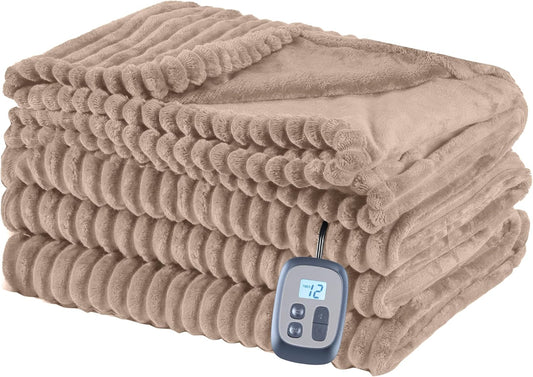 Electric Heated Blanket Queen Size 84"x 90", Dual Control, Soft Comfortable Warming Striped with 10 Heating Levels & 1-12 Hours Auto Off, Machine Washable, Camel