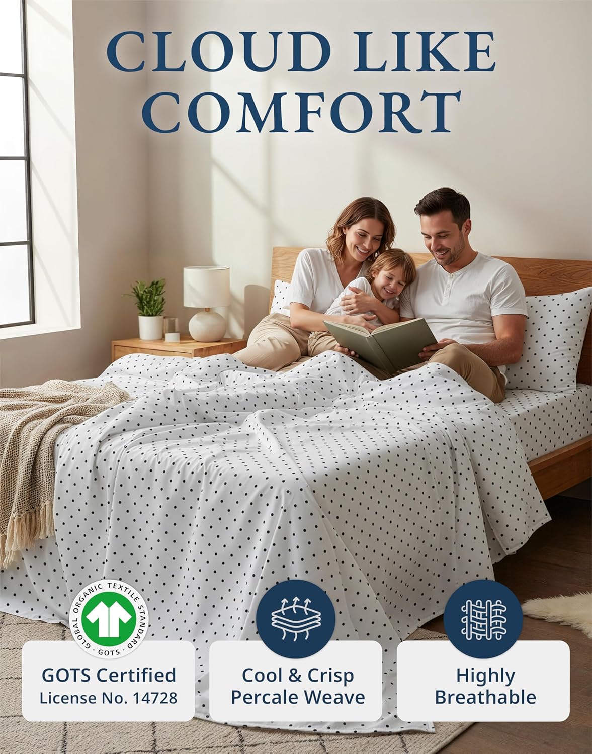 LANE LINEN 100% Organic Cotton Twin Sheets Set - 3 PC Bedding Sheets & Pillowcases - Breathable & Cooling Bed Sheets - Deep Pocket up to 15", Sheets for Twin Size Bed: Polka Dot (Black)