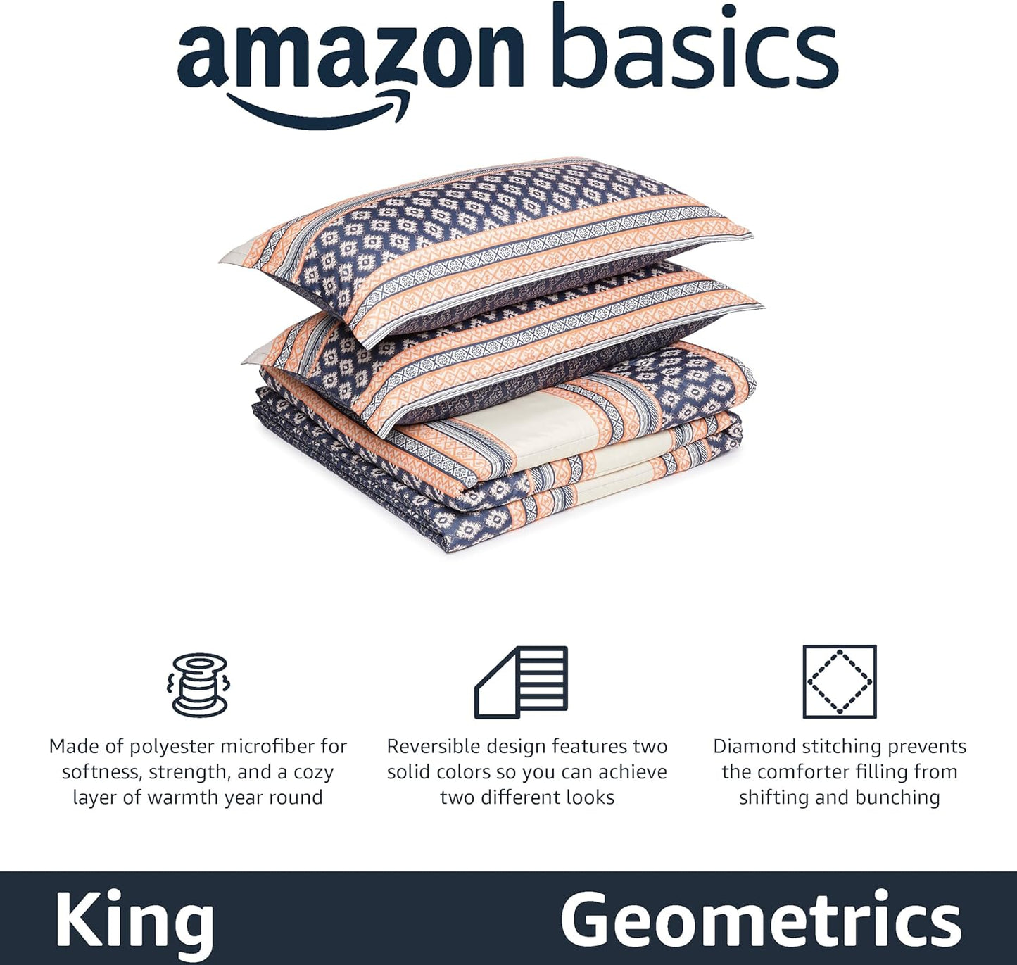 Amazon Basics Lightweight Microfiber Comforter Sets, 3-Pieces, Geometrics, King