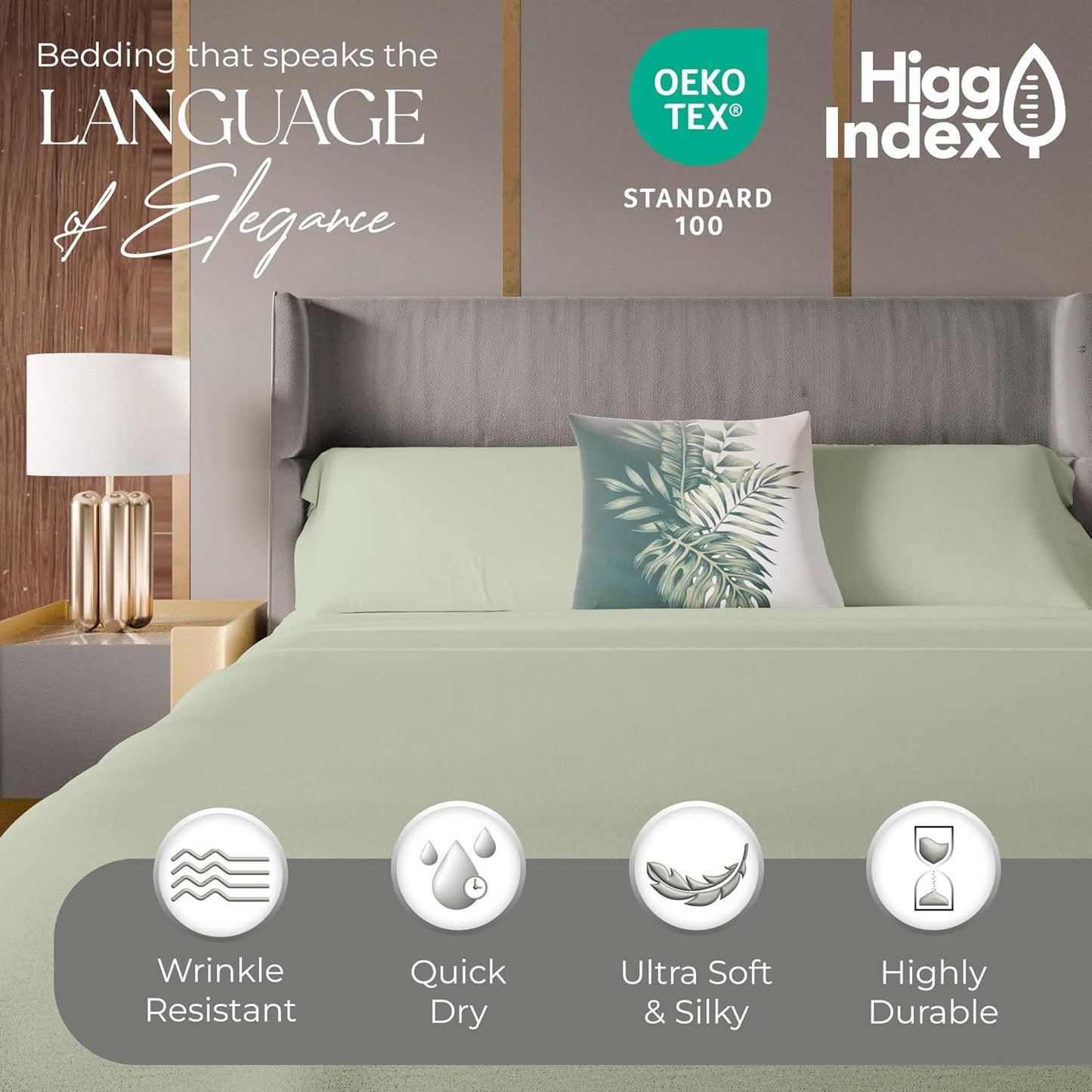 1200 Thread Count Queen Size Sheets Set Pastel Green, Ultra Soft Cotton Rich Easy Care Sateen Bed Sheet, Moisture Wicking Deep Pocket Sheets (1 Flat Sheet 1 Fitted Sheet & 2 Pillowcases)