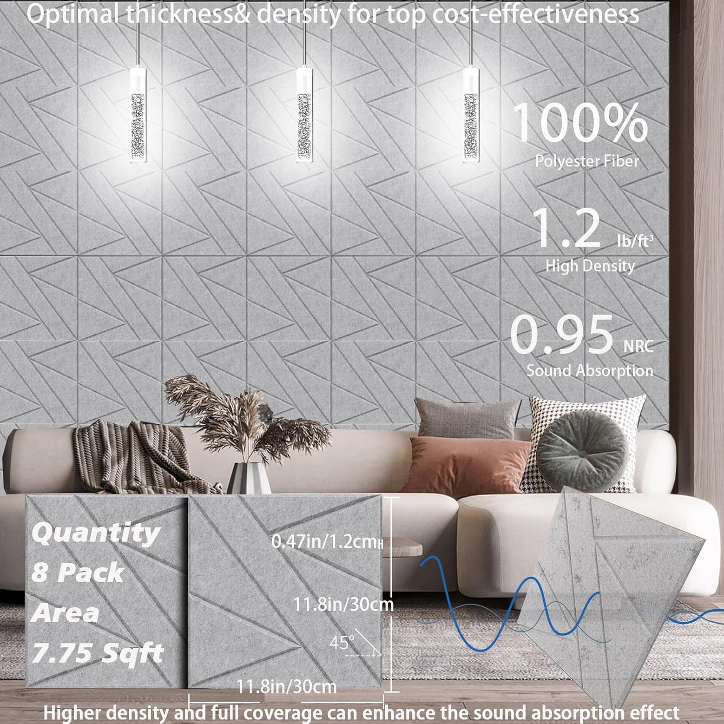 8 Pack Self-Adhesive Soundproof Wall Panels, 12 x 12 x 0.47 in Sound Proof Foam Panels for Walls, 1.2lb/ft³ High Density, Thicker 0.47in, Acoustic Panels, Noise Dampening Panels Studio Gray