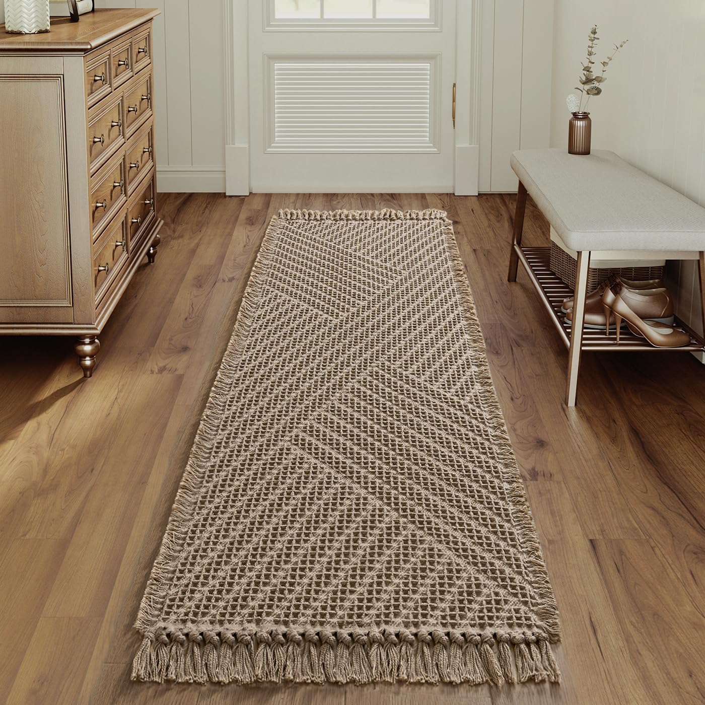 H.VERSAILTEX Waffle Bath Runner Rug Long Bath Mat Super Absorbent Boho Bath Rugs Non Slip Bath Runner for Bathroom Floor Machine Washable Dry Fast Bathroom Rugs with Tassels, 24" x 72", Irish Cream