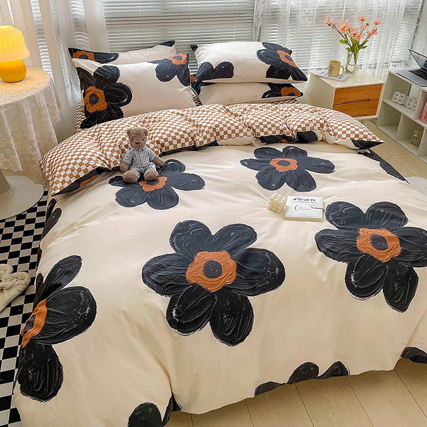 Cottonight Black and White Floral Comforter Twin Big Flower Chic Bedding Boho Modern Elegant Breathable Quilts Blankets Lightweight Comforter Set with 2 Pillowcases