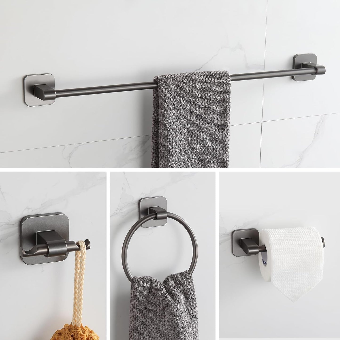 Bathroom Accessories Set, 4 Pieces Bathroom Hardware Set, 24 inch Towel Bar, Towel Racks, Robe Towel Hooks, Toilet Paper Holder Wall Mounted Or Self-Adhesive,Stainless Steel and Plastic (Gray)