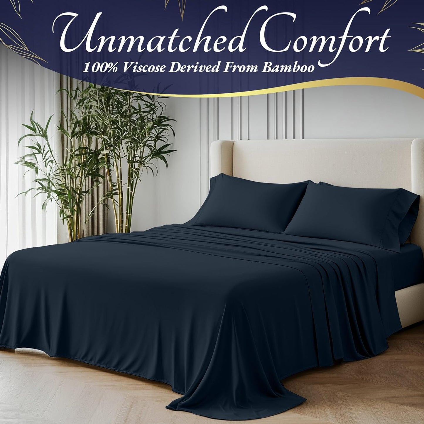 DECOLURE 100% Viscose Derived from Bamboo Sheets Cal King Size 4pcs - Ultra Soft & Luxuriously Cooling, 17" Deep Pocket, Double Stitching,Perfect for Hot Sleepers - King Bed Sheets (Navy Blue)
