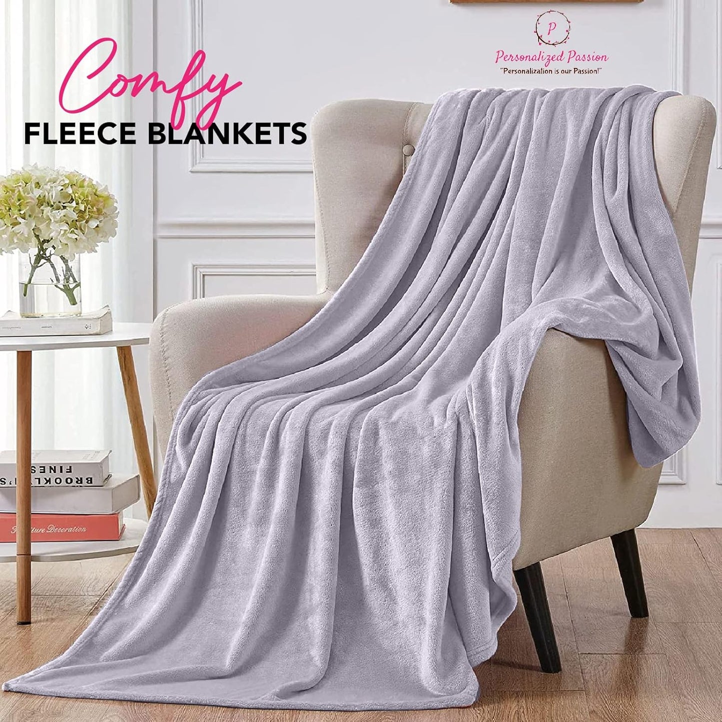 Personalized Passion Blankets with Custom Name & Initial Monogram - Super Soft and Cozy Fleece - Unisex Custom Blanket for Him and Her - 60x40 Inches - Silver