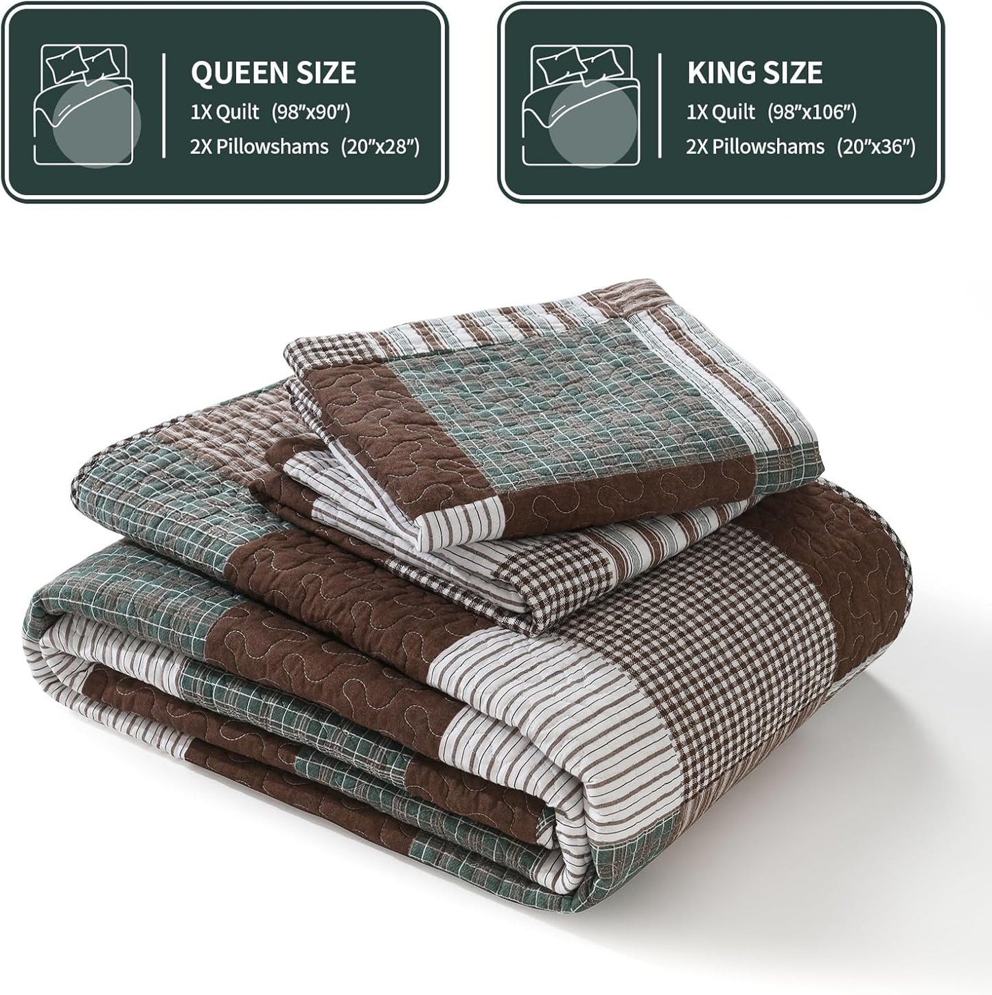 KALOOLA Plaid Queen Size Quilt Set, 100% Cotton Lightweight Quilted Bedspread with 2 Pillowshams for Queen Bed, Farmhouse Printed Bedding Set Coverlet for All Season, 3 Pieces, Brown/Green