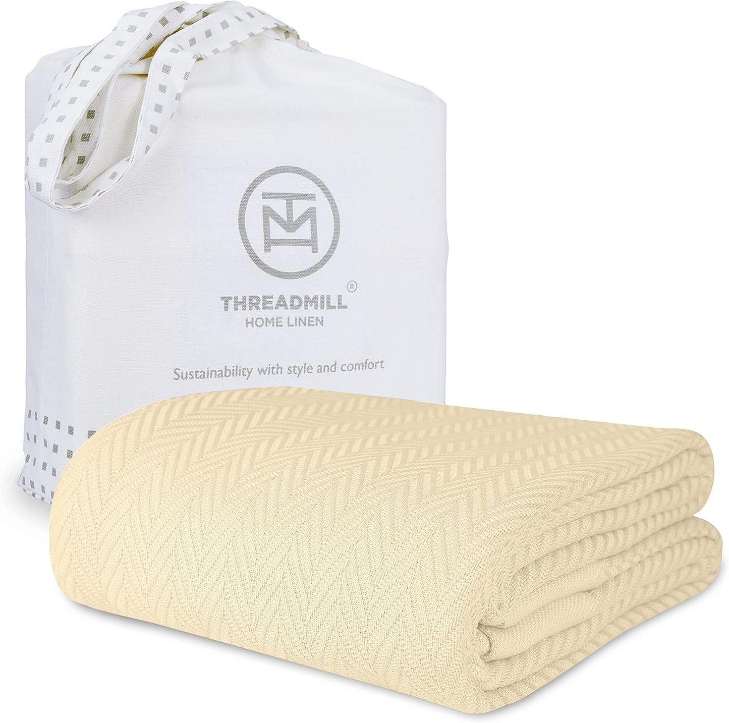 Threadmill Luxury Cotton Blankets for Queen Size Bed | All-Season 100% Cotton Queen Size Blanket | Herringbone Cozy, Soft Breathable Fall Thermal Blanket fits Full Size Bed | Vanilla Cream