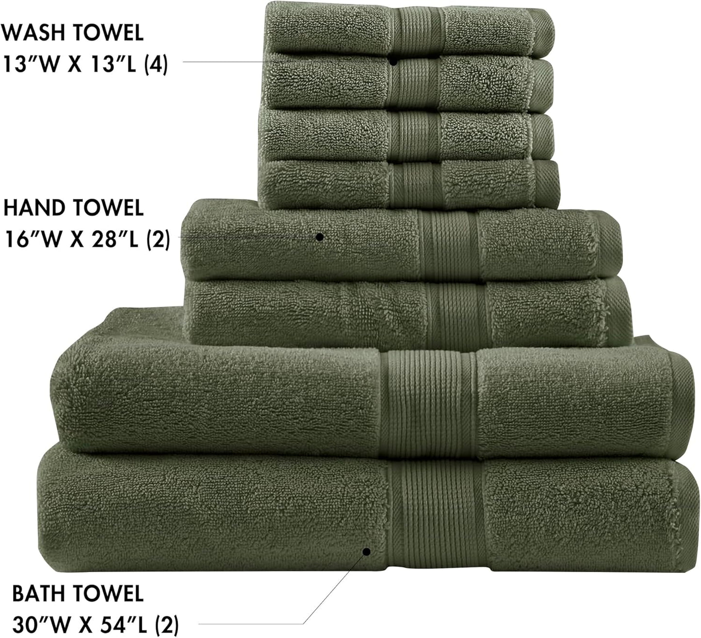 Madison Park 800GSM Bathroom Towel Set of 8 100% Cotton Bath Towel Set for Bathroom Luxurious Highly Absorbent 2 Bath Towels 2 Hand Towels 4 Washcloths Quick Dry Spa Quality Olive Green
