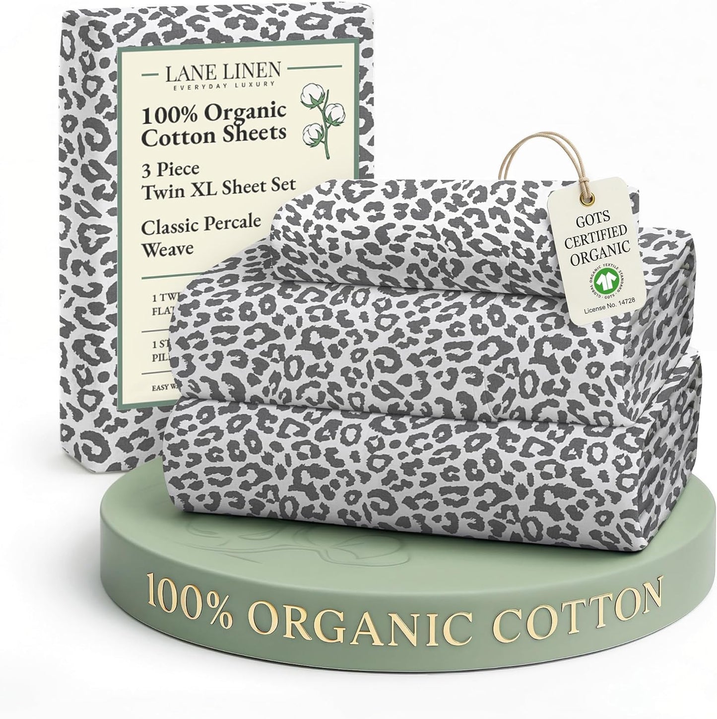 LANE LINEN 100% Organic Cotton Twin XL Sheets Set 3-Piece Pure Percale Bedsheets Bedding Breathable Fits Mattress Upto 15" Deep - Cheetah